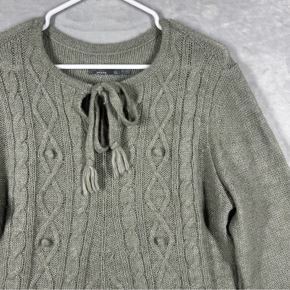 prAna Wool Blend Fringe Hem Cable Knit Sweater Gray Tie Neck Women’s XL